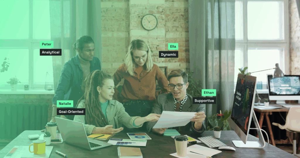 Team collaborating around a table with labels highlighting different behavioural traits such as analytical, goal-oriented, dynamic, and supportive.