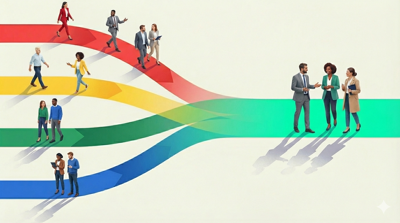 Illustration of diverse professionals walking along four coloured paths—red, yellow, green, and blue—that merge into a single shared pathway. The people come together and engage in conversation on the unified path, symbolising how different DISC styles connect through improved communication and emotional intelligence.
