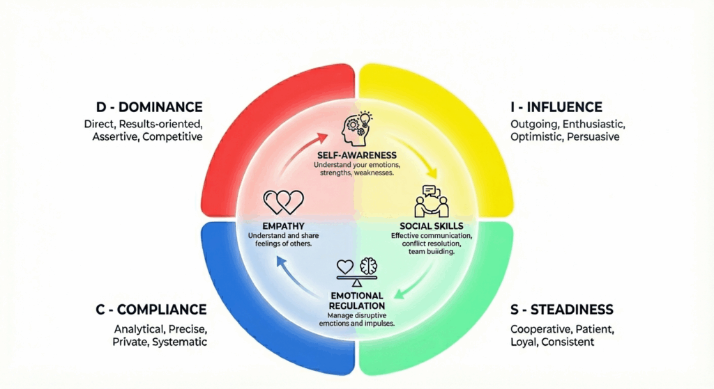Diagram combining the four DISC styles with the core components of emotional intelligence: self-awareness, empathy, emotional regulation, and social skills. Features a colour-coded DISC circle with icons representing EI skills in the centre.