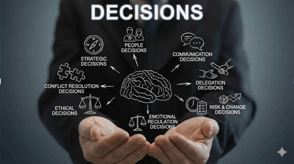 Illustration of a leader holding a visual diagram of key leadership decision types, including strategic, people, communication, delegation, risk and change, ethical, conflict resolution, and emotional regulation decisions, all connected to a central brain graphic.