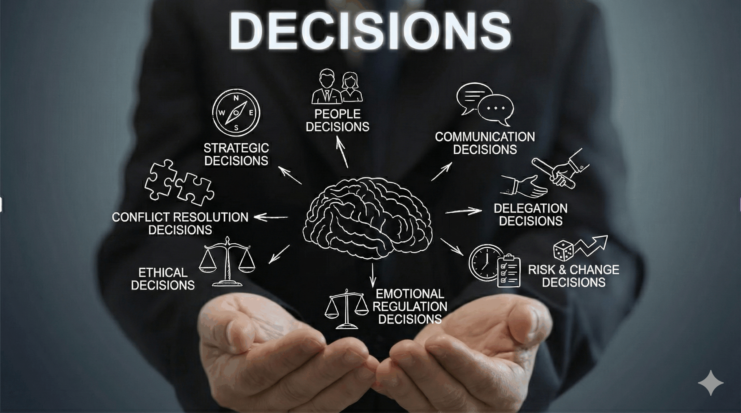 Illustration of a leader holding a visual diagram of key leadership decision types, including strategic, people, communication, delegation, risk and change, ethical, conflict resolution, and emotional regulation decisions, all connected to a central brain graphic.