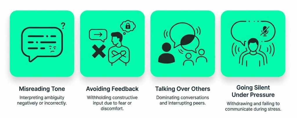 Infographic displaying four common communication pitfalls: misreading tone, avoiding feedback, talking over others, and going silent under pressure. Each pitfall includes a simple icon and short description.